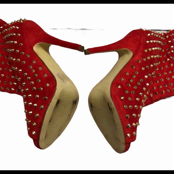 JustFab Ladies Red Spiked Peeptoe Booties - Picture 4 of 4